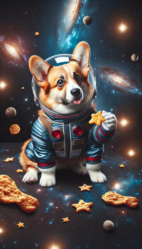 A cute corgi dog in a space suit, floating in space, and trying to reach a tasty treat.